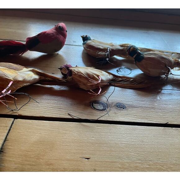 Lot of 5 Vintage Christmas Birds. Wired Feet. Feathers. Made in Japan.Red &Brown - Picture 4 of 8